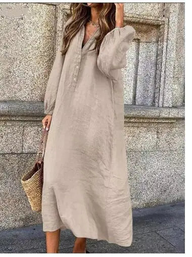 Cotton V-Neck Button Linen Dress (One Piece)