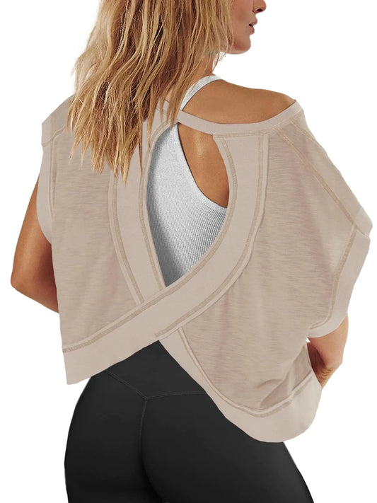 Panadila Womens Oversized Tshirts Open Back Workout Top Athletic Shirts Short Sleeve Crop Tops Gym Yoga Tee (Light KhakiM)