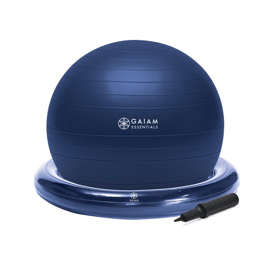 Gaiam Essentials Balance Ball & Base Kit 65cm Yoga Ball Chair Exercise Ball with Inflatable Ring Base for Home or Office Desk Includes Air Pump - Navy